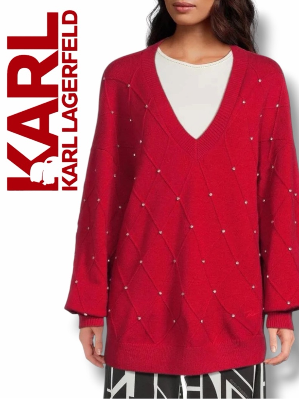 KARL LAGERFELD PARIS Red V-Neck Embellished Diamond Knit Sweater in the Size L